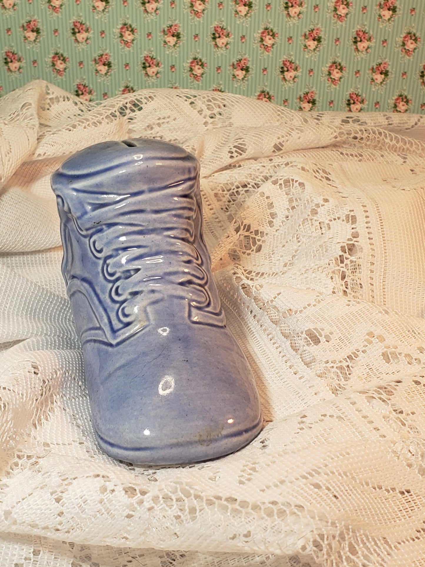 Vintage Ceramic Blue Baby Shoe Bank
