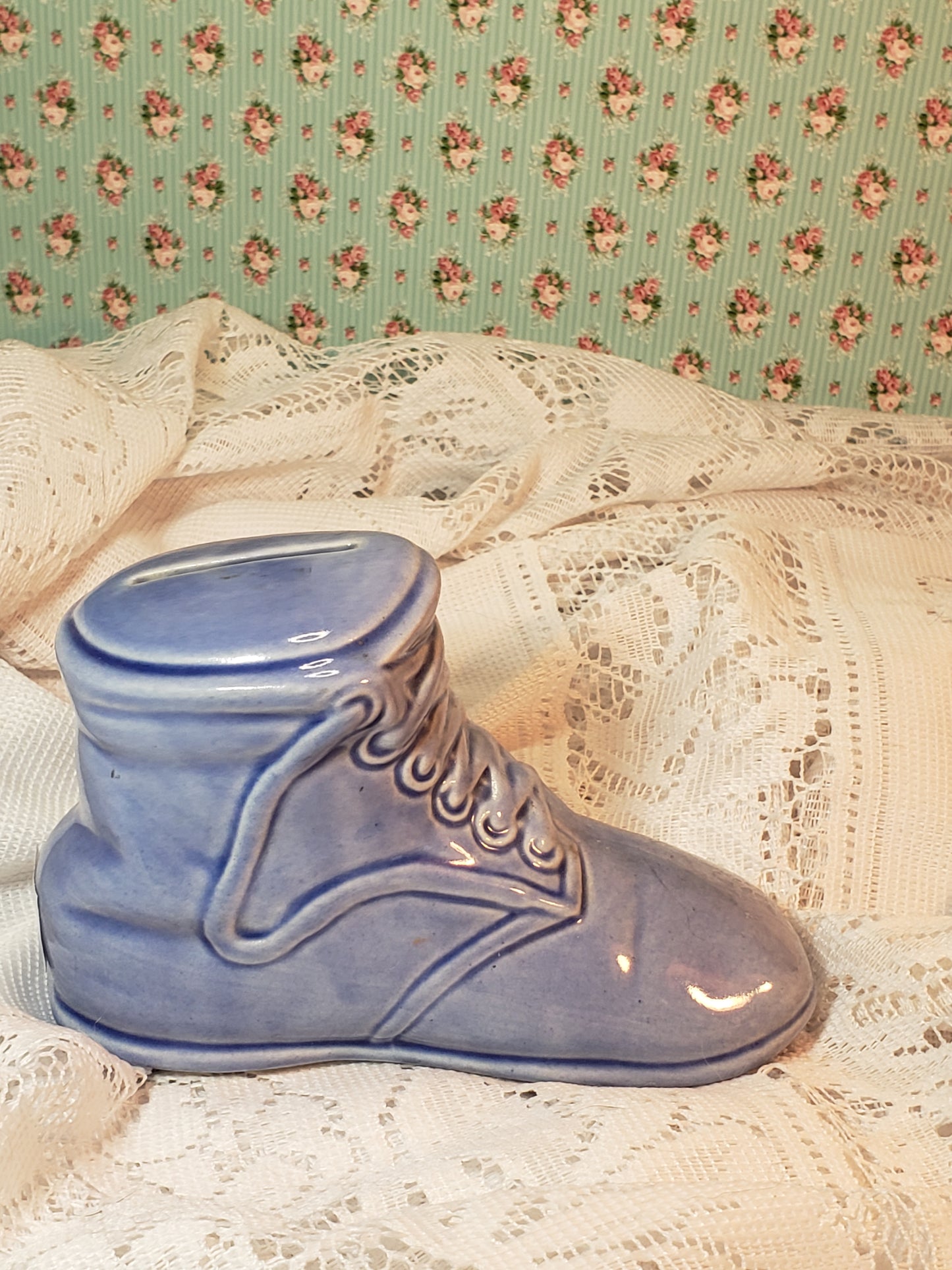 Vintage Ceramic Blue Baby Shoe Bank